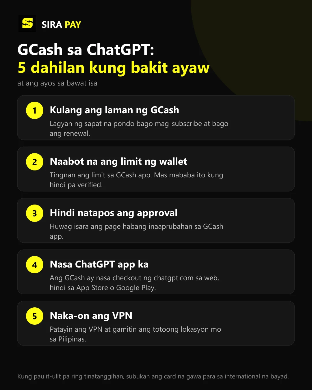 GCash sa ChatGPT: limang dahilan kung bakit ayaw pumasok ang bayad at ang ayos sa bawat isa