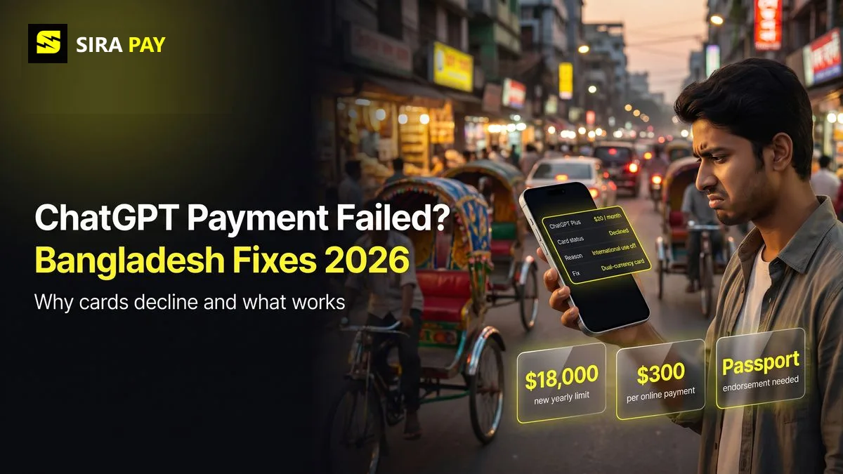 A man in Dhaka sees his ChatGPT Plus card payment declined; the fix is a dual-currency card with passport endorsement