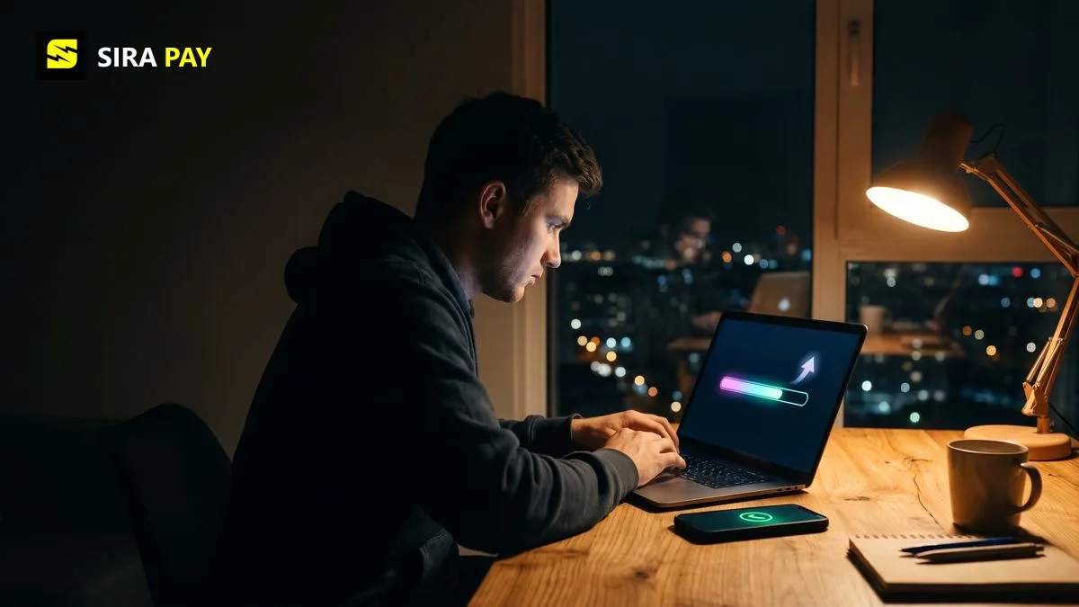 A developer at a desk at night watches an AI usage meter double on a laptop