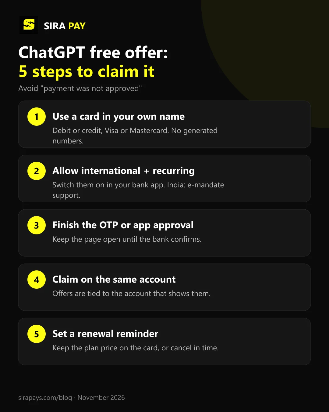 Five steps to claim a ChatGPT free offer: use your own card, allow international recurring payments, finish the OTP, claim on the same account, set a renewal reminder