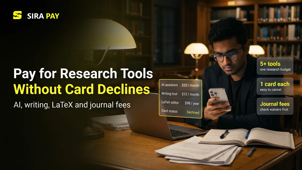 A PhD student in a library pays for AI, writing and LaTeX tools with a separate card