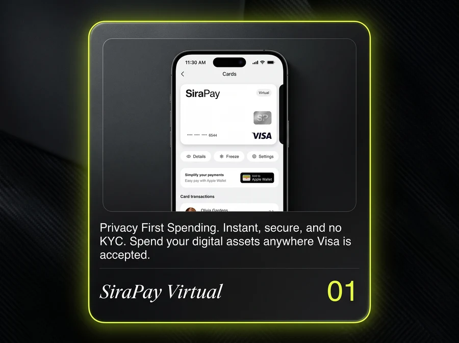SiraPay Virtual card screen in the app, privacy-first spending