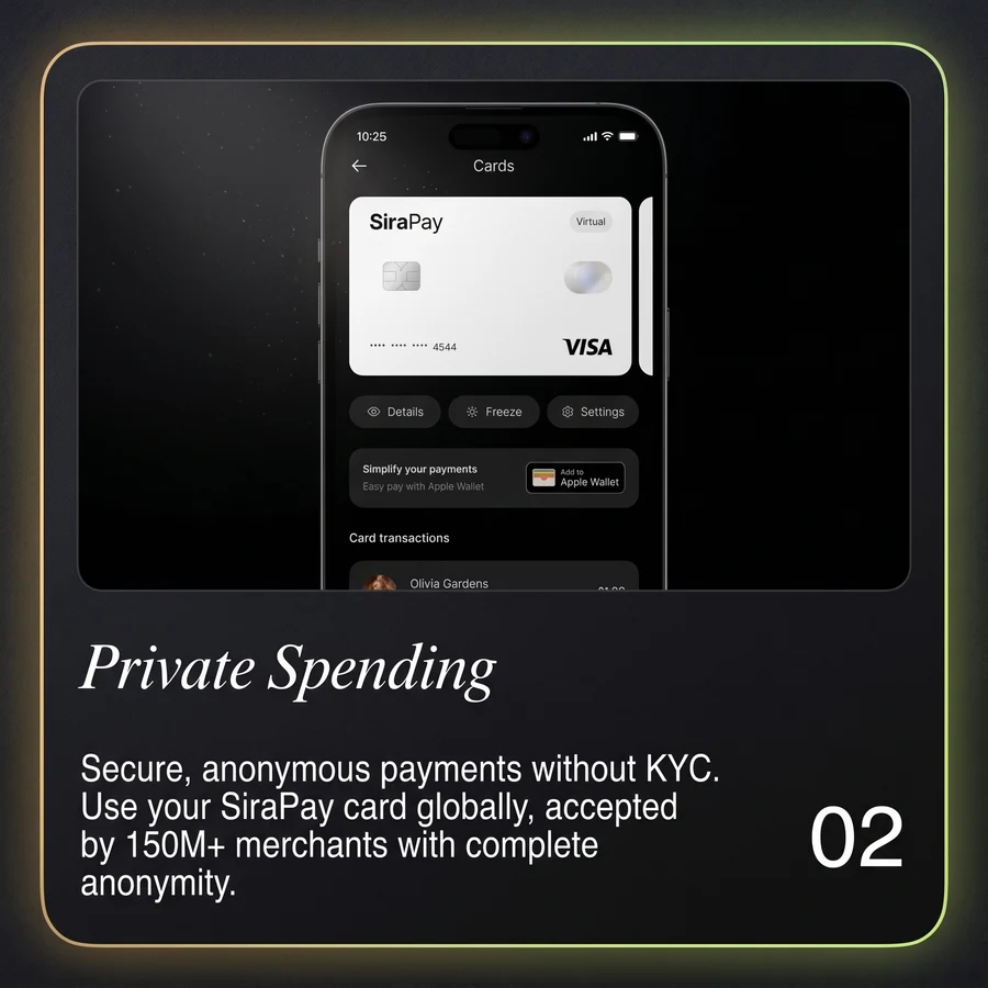SiraPay card screen in the app, accepted by 150M+ merchants worldwide