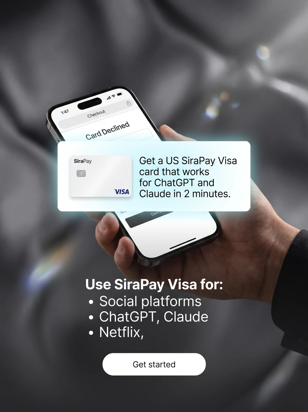 A phone showing a declined checkout, with a SiraPay Visa card that works for ChatGPT and Claude