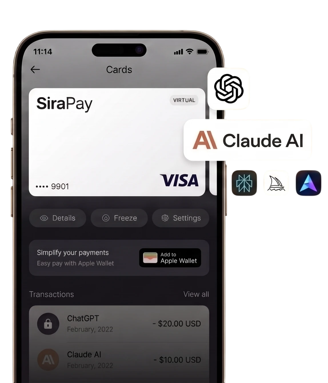 The SiraPay app on a phone, showing a virtual card next to logos for ChatGPT, Claude, Perplexity and other AI tools