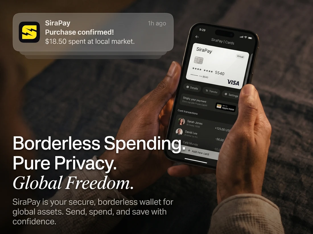 A hand holding a phone with the SiraPay app open on the virtual card screen