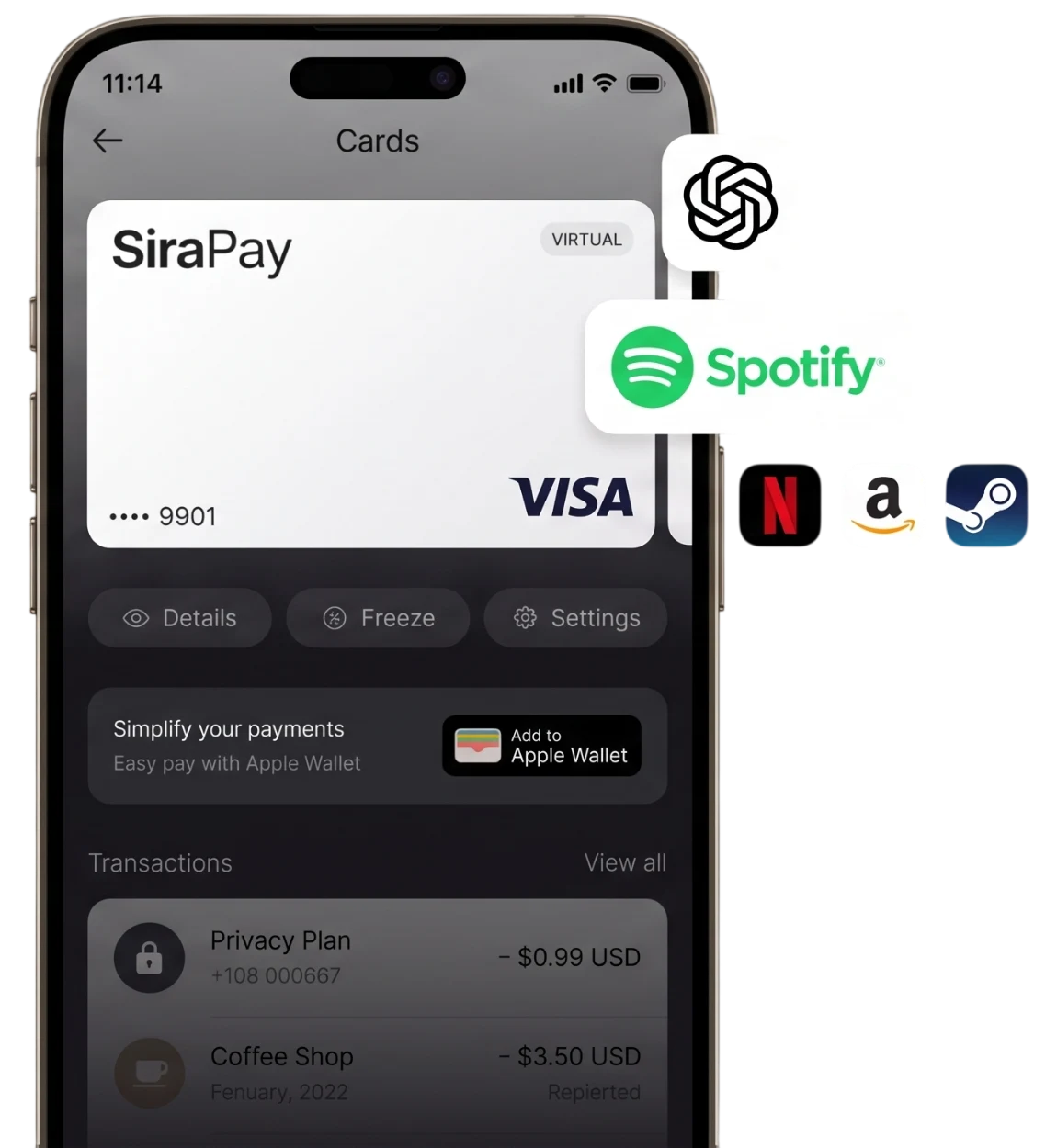 SiraPay virtual card in the mobile app, next to logos of popular services